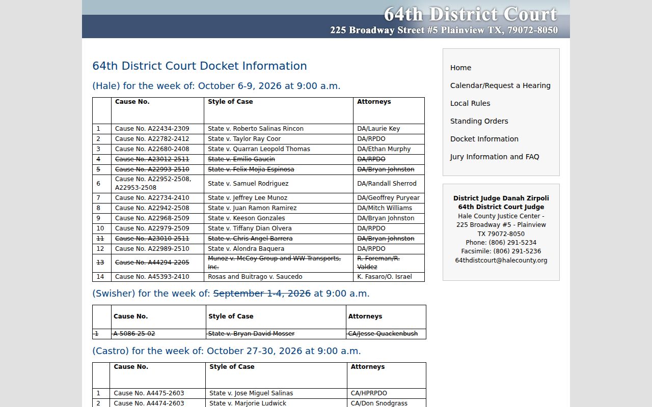 Swisher County criminal docket jury-week table