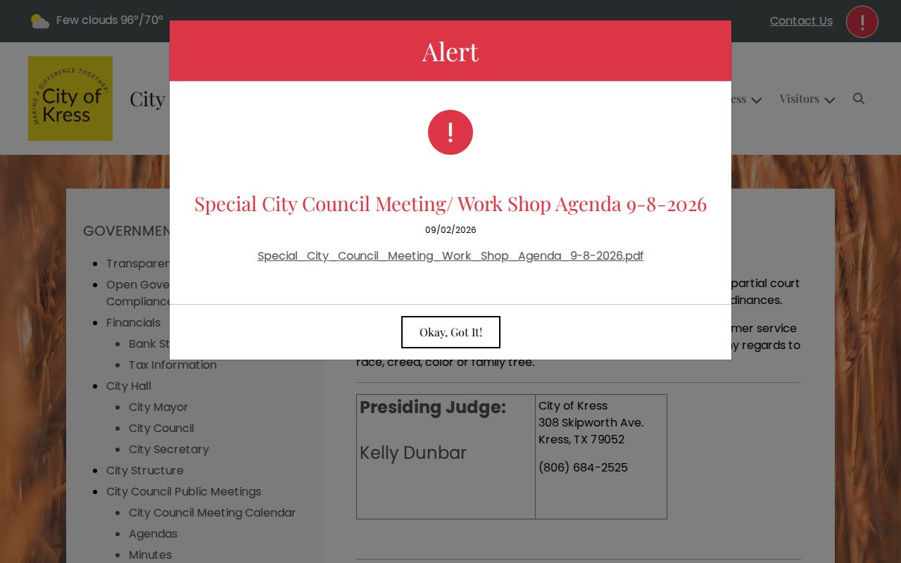Kress court docket Municipal Court jurisdiction and contact