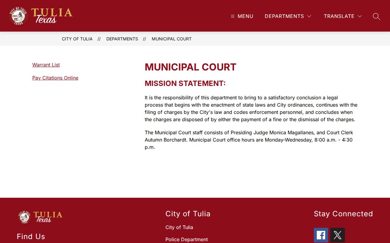 Tulia court docket Municipal Court process and contact page