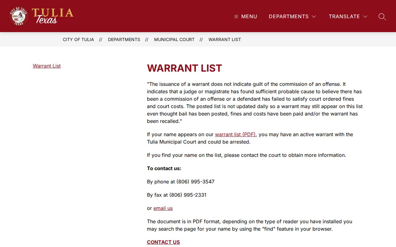 Tulia court docket warrant list update warning