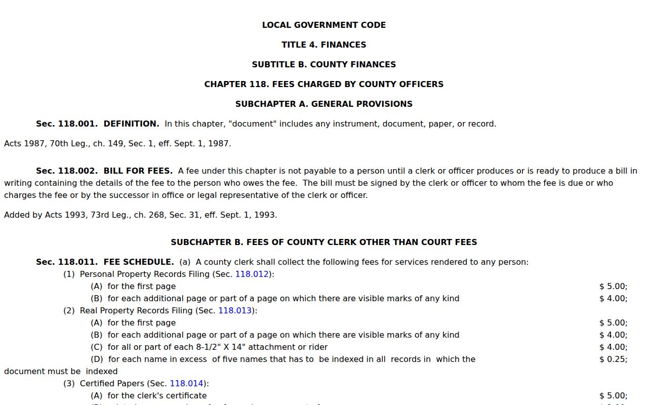 Swisher County court record county-clerk copy fee statute